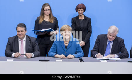 CDU, CSU and SPD signing the coalition agreement in Berlin. Stock Photo