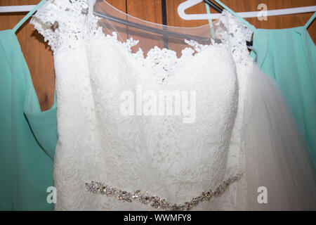 Wedding dress close up, close up of the Brides wedding dress and veil on her wedding day in Worcestershire, England Stock Photo