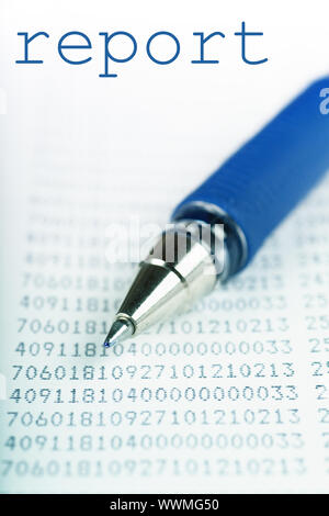 Macro view of blue pen on a report with many digits Stock Photo