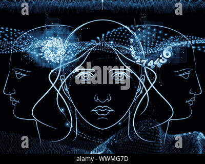 Composition of human head outlines, lights, numbers and abstract design  elements as a concept metaphor for modern technology, digital revolution, sci Stock Photo