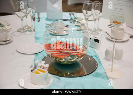 Wedding day reception tables, decorated wedding day tables, no people, Stock Photo