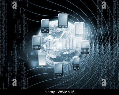 Rendering of arrangement of cellular phones, planet Earth and abstract design elements on the subject of global digital phone technologies, cellular c Stock Photo