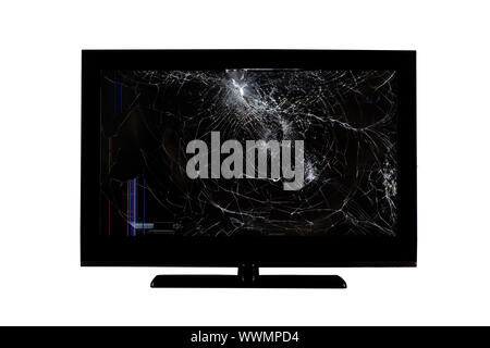 colored stripes and cracks on a broken screen of a liquid crystal display, computer monitor or full hd television isolated on a white background Stock Photo
