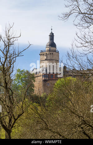 View from the Selketal valley to the castle Falkenstein Harz Stock Photo