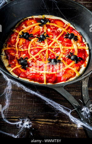 Halloween Spiderweb Pizza Homemade Kids Party Dish With Tomato Sauce Cheese And Olive Spiders Funny And Easy Food Ideas For Kids Halloween Party O Stock Photo Alamy