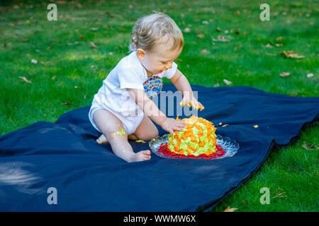 An adorable baby boy enjoys celebrating his first birthday at a party with a cake smash of a brightly coloured iced cake outdoors in the garden Stock Photo