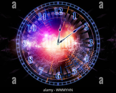 Backdrop on the subject of time sensitive issues, deadlines, scheduling, temporal processes, past, present and future composed of clock hands, gears, Stock Photo