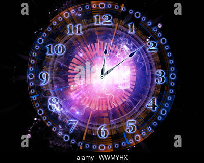 Background design of clock hands, gears, lights and abstract design elements on the subject of time sensitive issues, deadlines, scheduling, temporal Stock Photo