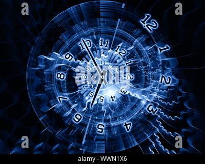 Arrangement of clock hands, gears, lights and numbers on the subject of time sensitive issues, deadlines, scheduling, temporal computational processes Stock Photo