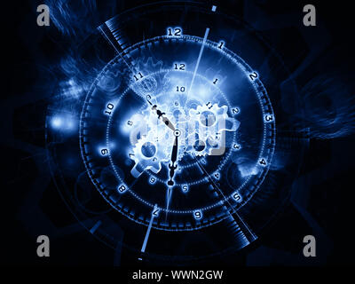 Background design of clock hands, gears, lights and numbers on the subject of time sensitive issues, deadlines, scheduling, temporal computational pro Stock Photo
