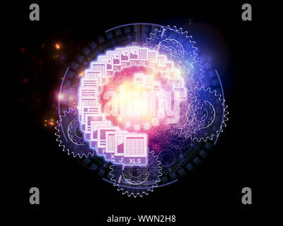 Backdrop on the subject of document processing, office paperwork, virtual workspace and cloud networking composed of document icons, lights and abstra Stock Photo
