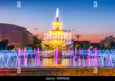 Bucharest, Romania. Water fountains at the Unirii Square. Stock Photo