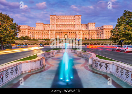 Bucharest, Romania. The Palace of the Parliament at sunrise. Stock Photo