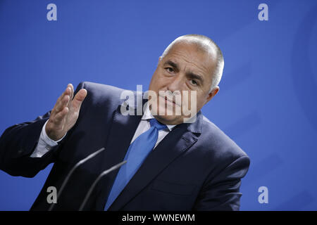 PM Boyko Borisov of Bulgaria and Merkel of German at joint press in Berlin. Stock Photo