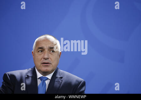 PM Boyko Borisov of Bulgaria and Merkel of German at joint press in Berlin. Stock Photo