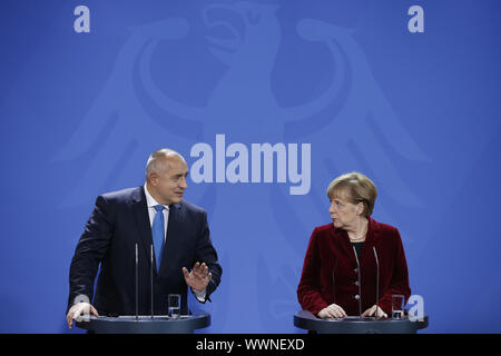 PM Boyko Borisov of Bulgaria and Merkel of German at joint press in Berlin. Stock Photo