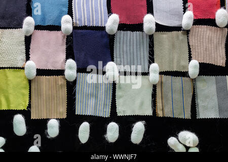 Silk fabric samples and silk cocoons Stock Photo