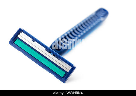 Closeup view of blue razor isolated over white Stock Photo