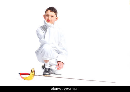 Child epee fencing lunge. Isolated on white background. Stock Photo