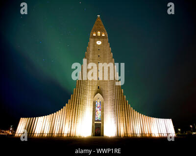 Northern lights  shining over the church in Reykjavik Stock Photo