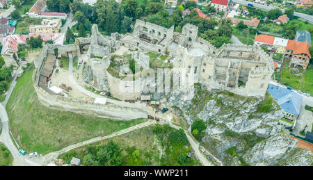 Aerial view of medieval Beckov castle with inner and outer courtyard, cannon tower,  castle gate, chapel in Slovakia Stock Photo