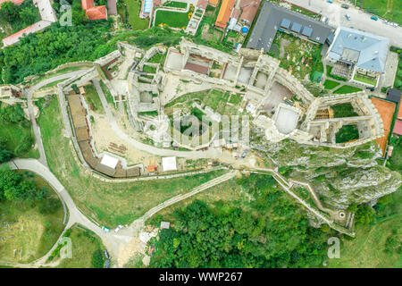 Aerial view of medieval Beckov castle with inner and outer courtyard, cannon tower,  castle gate, chapel in Slovakia Stock Photo