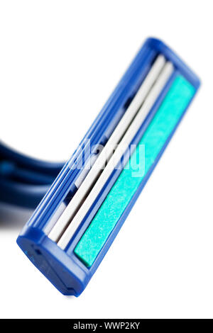 Closeup view of blue razor isolated over white Stock Photo