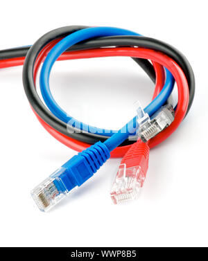 Black, red and blue UTP cords with RJ-45 Connectors isolated on white background Stock Photo