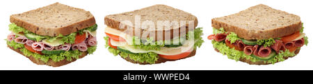 Collage Sandwiches Toasts Breakfast with Salami Ham Cheese Freisteller Stock Photo