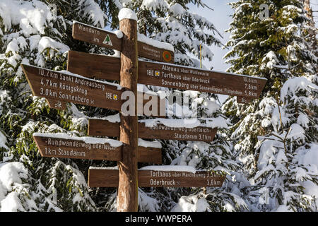 Hiking trail around the Oderteich in winter National Park Harz Stock Photo