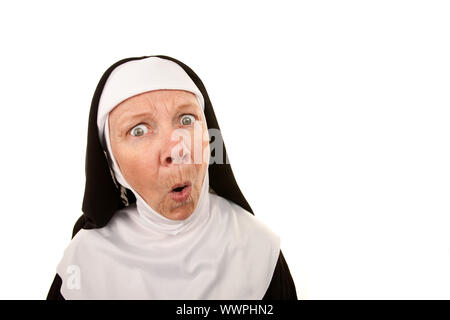 Funny Nun with Shocked Expression on her Face Stock Photo