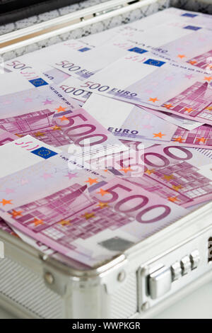 Briefcase full of 500 Euro banknotes Stock Photo