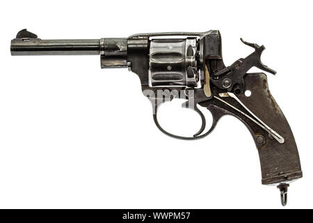 Disassembled revolver, pistol mechanism with the hammer cocked ...