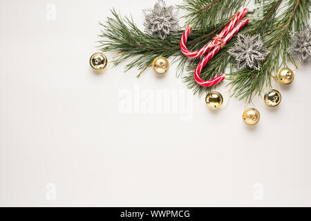 christmas tree branches, business cards, pine cones, flat lay, fir tree, merry christmas, branches cones, rose hips Stock Photo