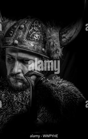 Sign, Costume, Viking warrior with a huge sword and helmet with horns Stock Photo