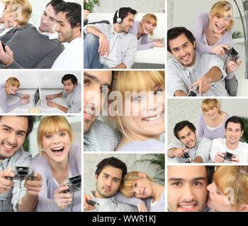 Montage of friends playing computer games Stock Photo