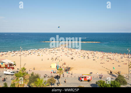 Top view to the beach in the Barceloneta district of Barcelona Stock Photo