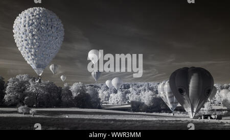 Longleat Safari Park, Warminster, United Kingdom 15 September 2019. The Longleat Sky Safari 2019 balloon festival brought in more than 150 balloons from around the world, making it the largest annual balloon festival in Europe. These photos were taken with an infrared converted camera. This was not created in post production. The photographer is available for questions and quotes. Contact 01235 844 690. Credit: Dan Burton Photo/Alamy Features Stock Photo