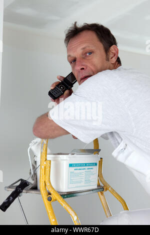 Painting speaking on the telephone from top of ladder Stock Photo