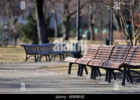 A park bench at a beutifull park, spring time Stock Photo