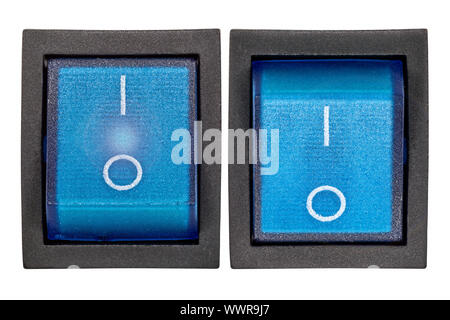 Blue power switch on/off, isolated on white background, with clipping path Stock Photo
