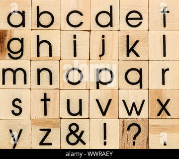 English alphabet lowercase, background of isolated wood letterpress printing blocks Stock Photo