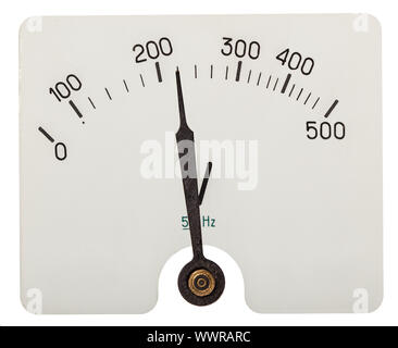 Arrow of voltmeter indicating an 220 volts, isolated on white background Stock Photo