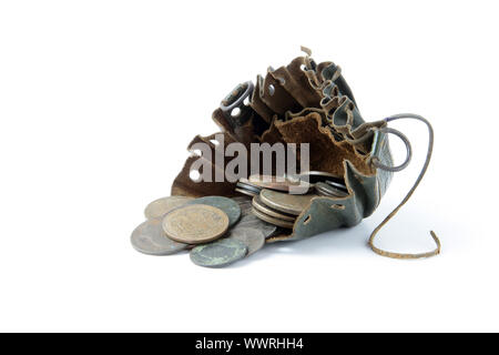 Leather pouch with coins Stock Photo
