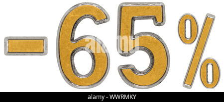 Percent off. Discount. Minus 65, sixty five,  percent. Metal numeral, isolated on white background Stock Photo