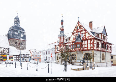 historical town hall Harzgerode in winter Stock Photo