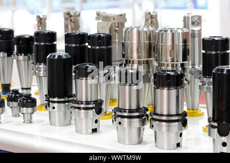 Oversized milling chuck for cnc machine. Metalworking. Clamping chucks for milling machines in the exhibition store. High precision drill holder, mill Stock Photo