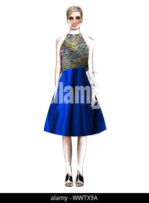 Fashion Illustration - Woman  in blue brocade dress Stock Photo