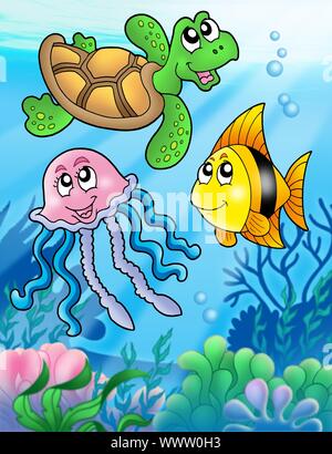 Various sea fishes and animals - color illustration Stock Photo - Alamy