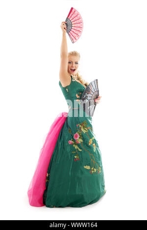 lady in green dress dancing with fans over white Stock Photo